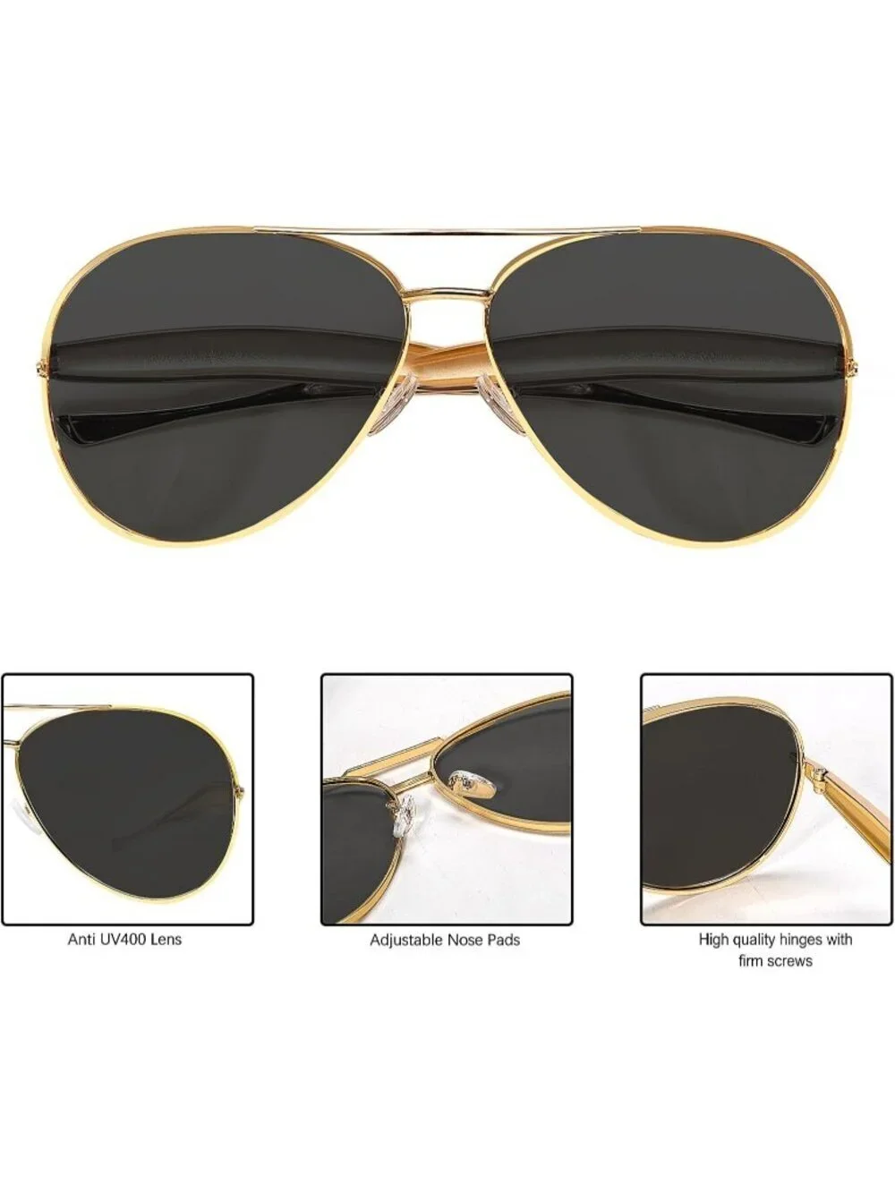 Unisex Gold Frame Black Lens Aviator Sunglasses Metal Oversized Aviators Sun